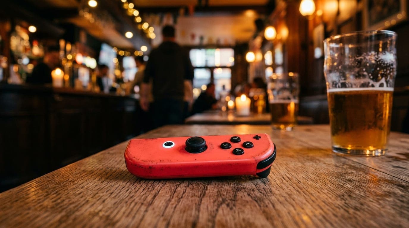 A tilt-shift macro shot focuses on a glowing Nintendo controller resting on a wooden tabletop at The Coin Jam, with a half...