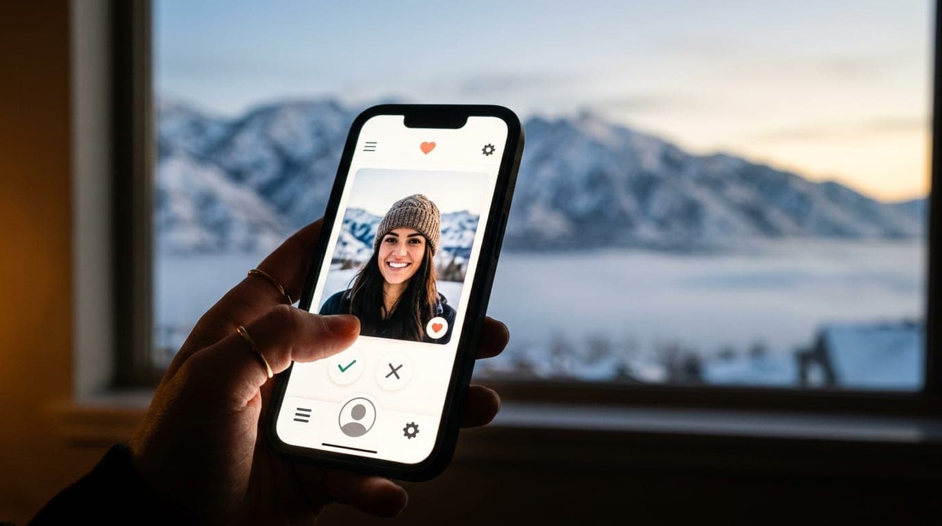 A tight 100mm macro shot of a sleek smartphone screen glowing in a dark room. It displays a dating app profile overlaying...