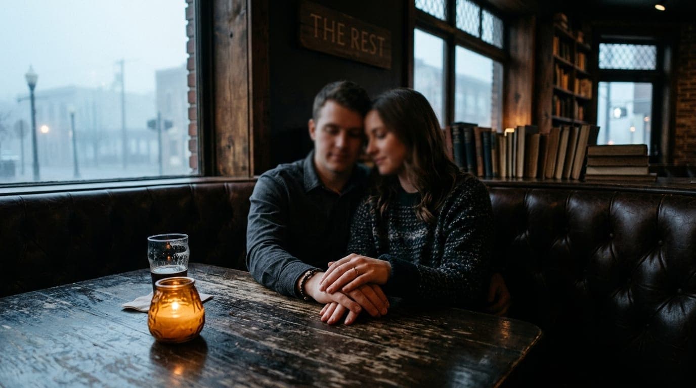 A couple sits in a leather booth at The Rest, illuminated by amber candlelight. The selective focus draws the eye to their...