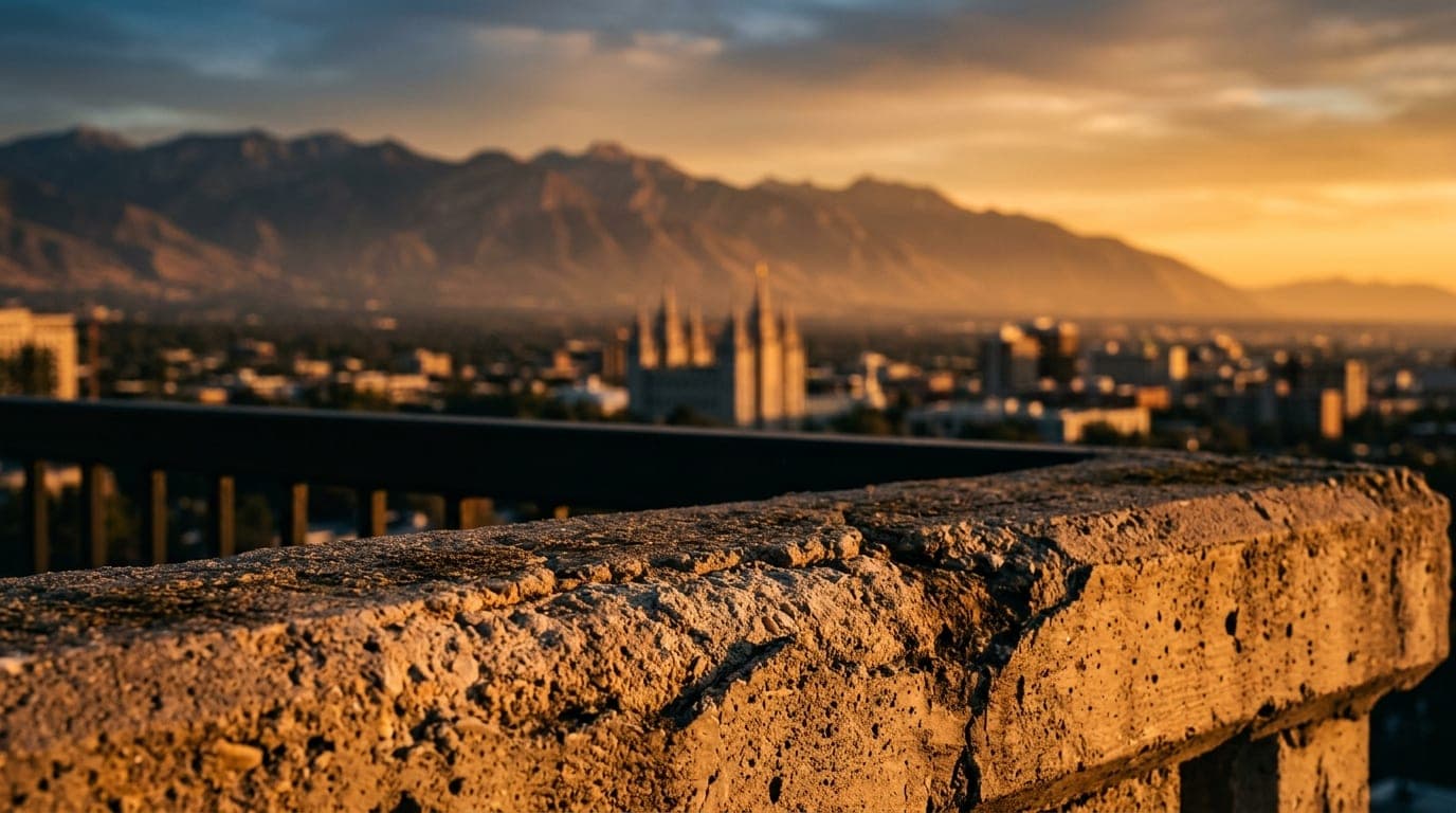 A macro view of a weathered concrete balcony railing during golden hour. The Salt Lake City Temple spires and the sharp, h...
