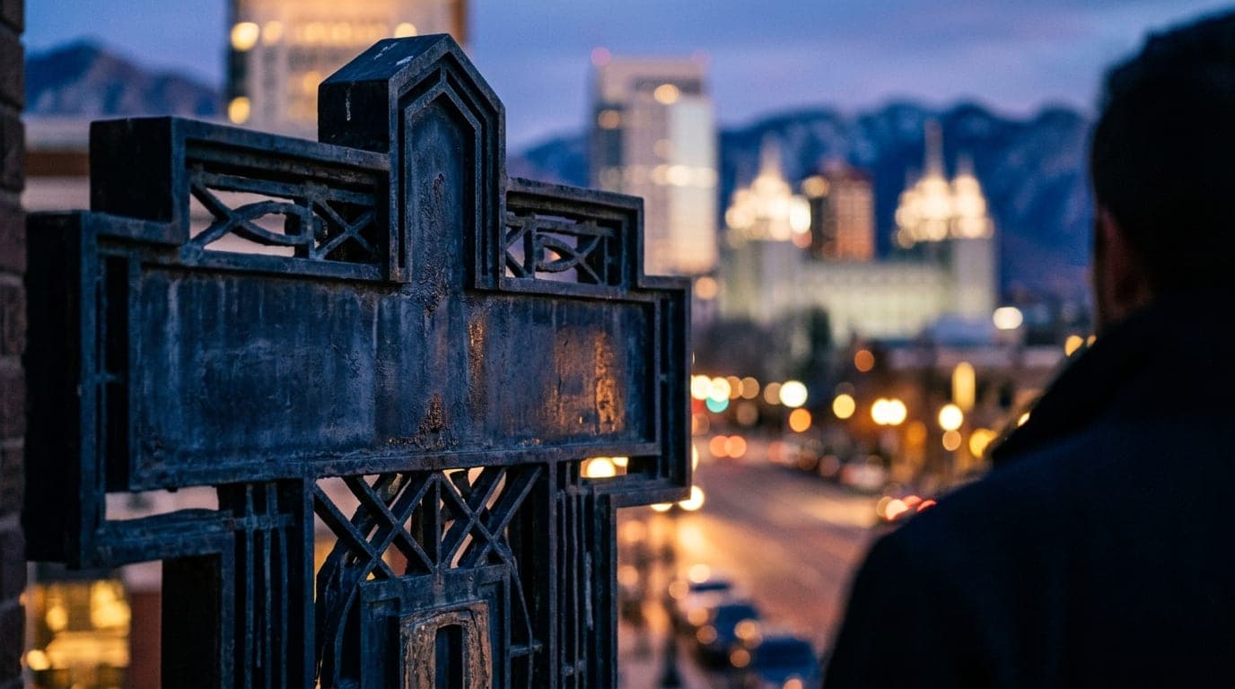 A tight 100mm macro shot captures the sleek, dark metal signage of a downtown bar at blue hour, with the iconic Salt Lake...