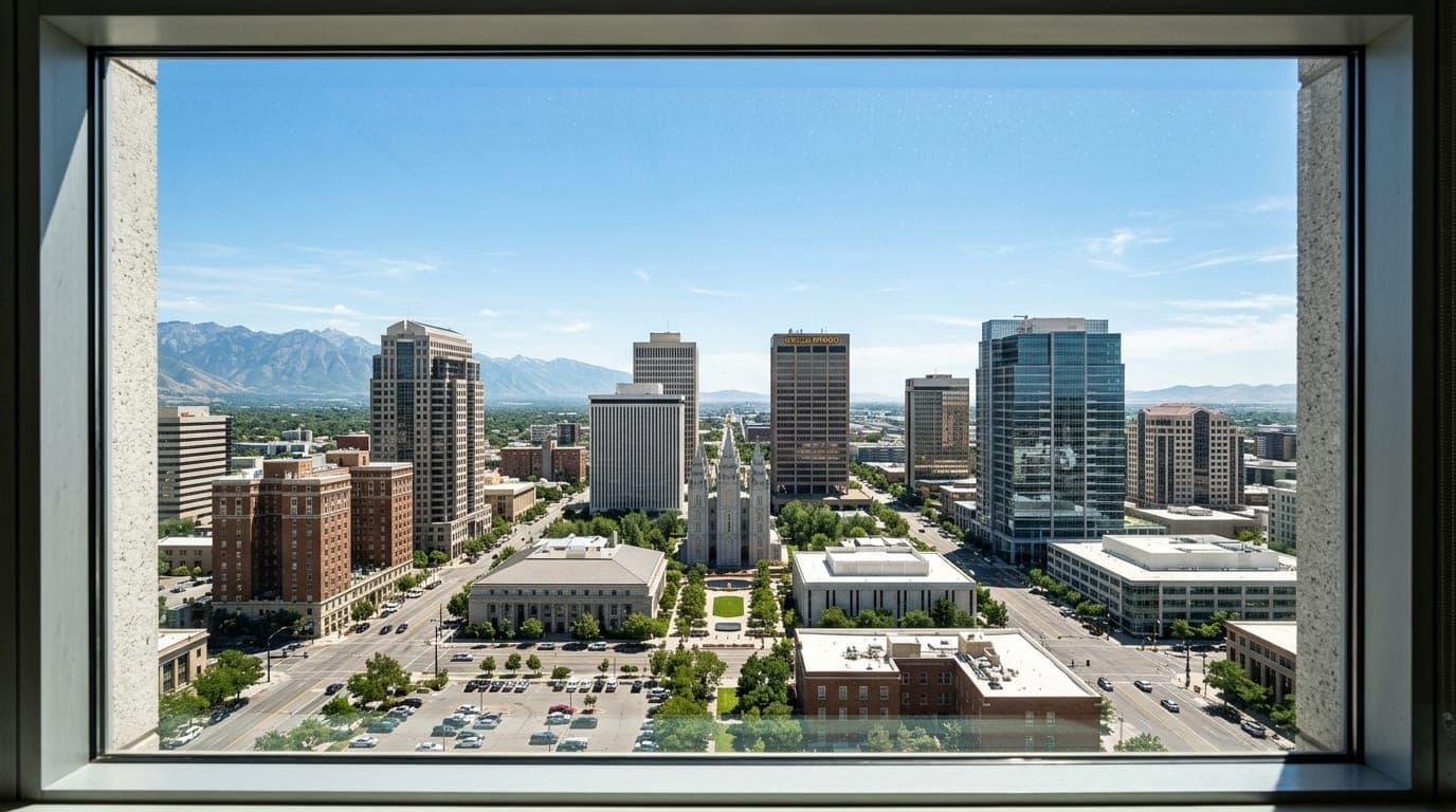 A symmetric, 24mm wide-angle shot through a window showing the Salt Lake City skyline bathed in bright noon light, focusin...