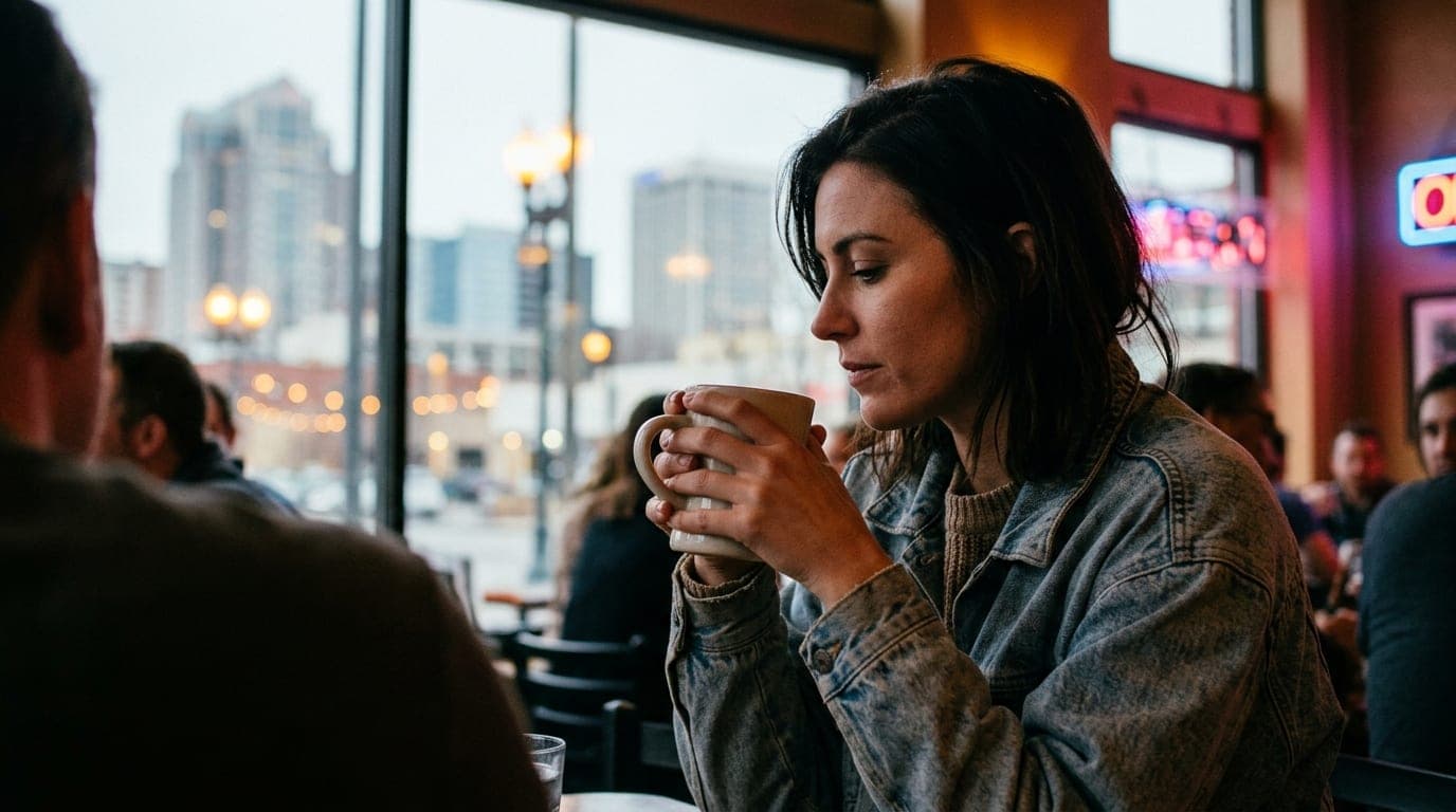 A woman in a vintage oversized denim jacket grips a ceramic mug at a crowded table in Three Pines. Natural noon light hits...
