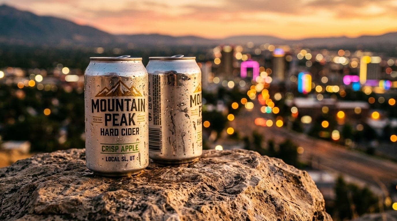 An extreme close-up of two sweating cans of local hard cider resting on a sun-bleached rock. In the blurred background, th...