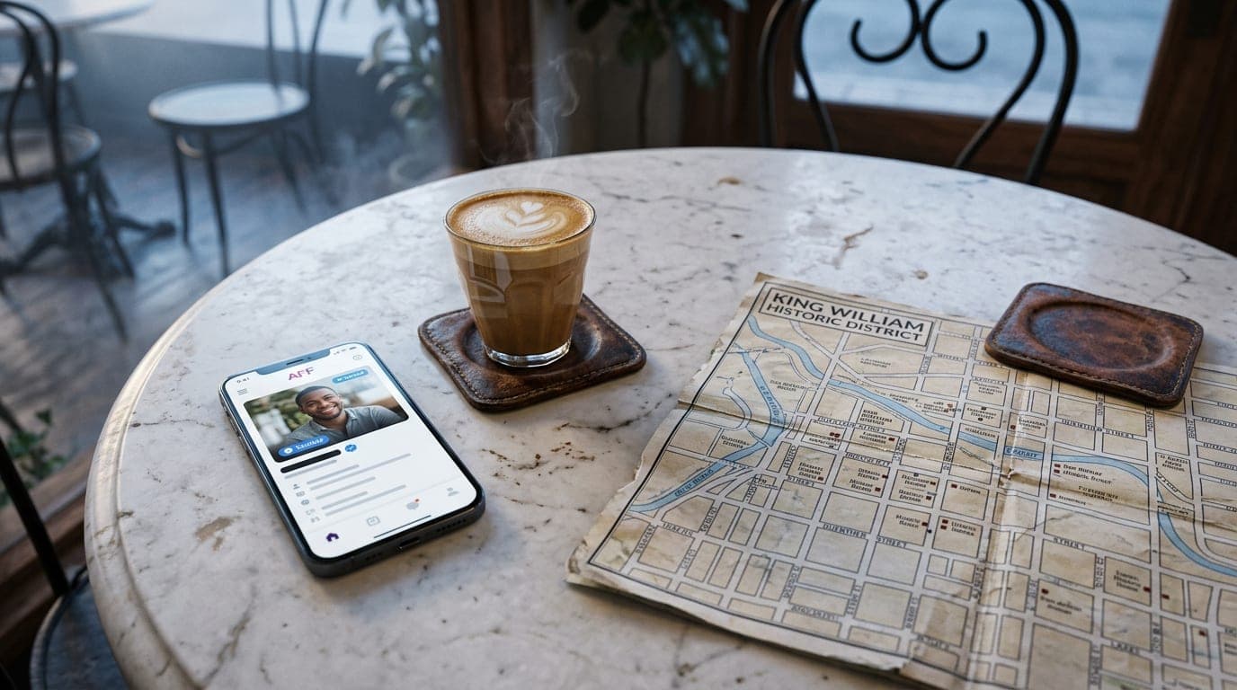 Overhead flat-lay on a marble café table: a smartphone displaying a verified AFF profile beside a steaming cortado, a loca...