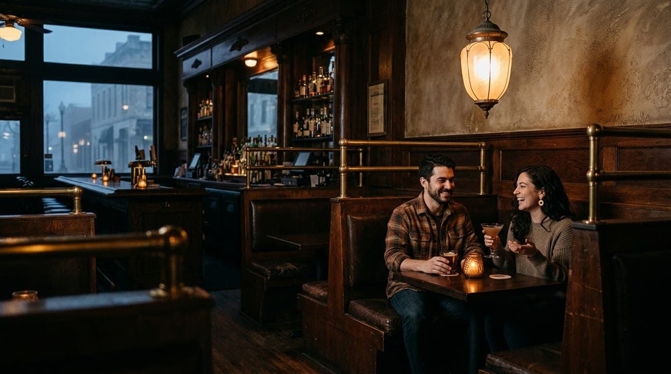 A wide-angle, 35mm shot captures a couple seated in a dim, mahogany-paneled booth at The Esquire Tavern. They hold craft c...