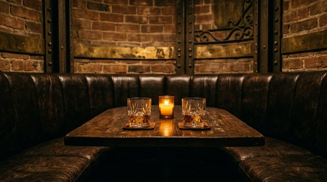 A medium shot inside a dimly lit grain silo booth at Sternewirth. Two heavy crystal tumblers catch flickering candle refle...