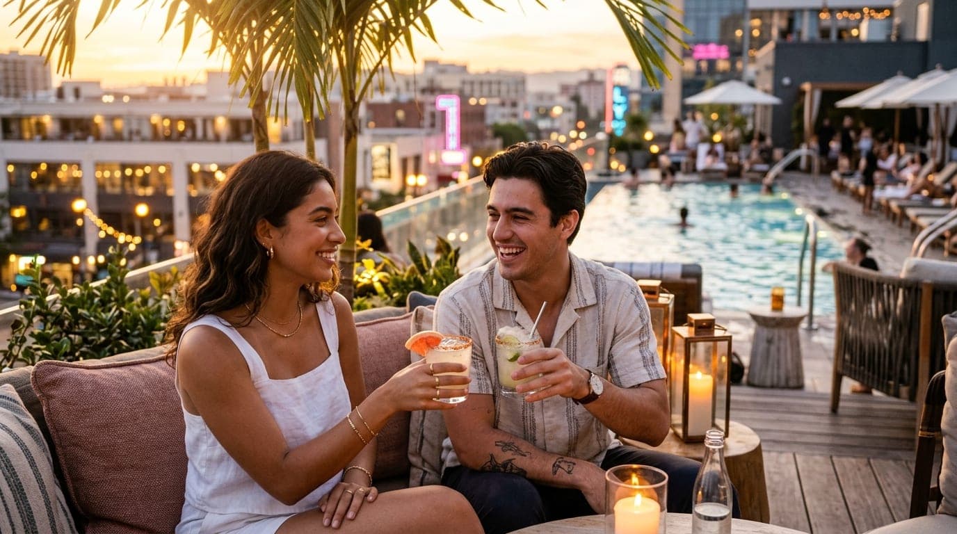 A couple sits on a sun-drenched hotel patio lounge, holding chilled mezcal cocktails. Sunlight filters through palm fronds...