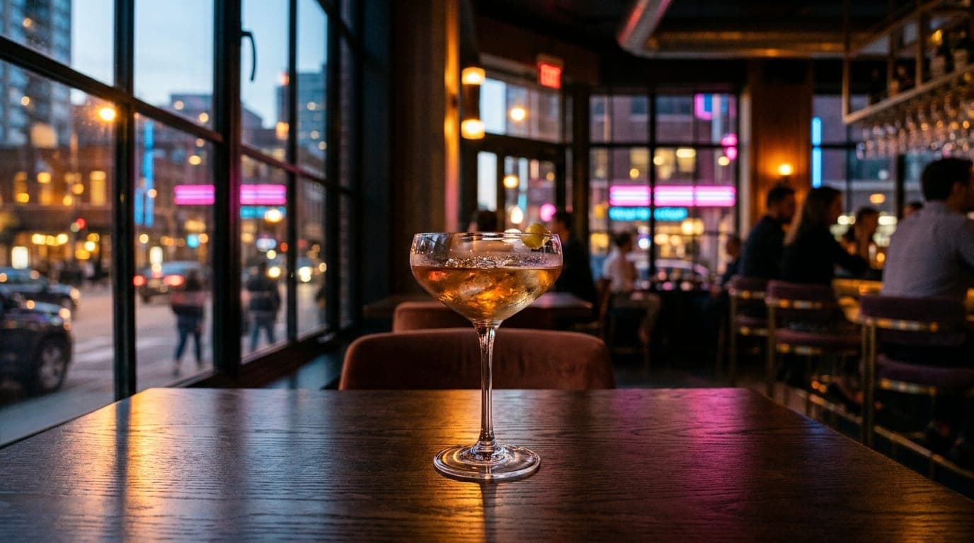 Centered symmetric composition, 24mm wide-angle. A sleek, half-empty coupe glass sits on a dark, polished wood table at Th...