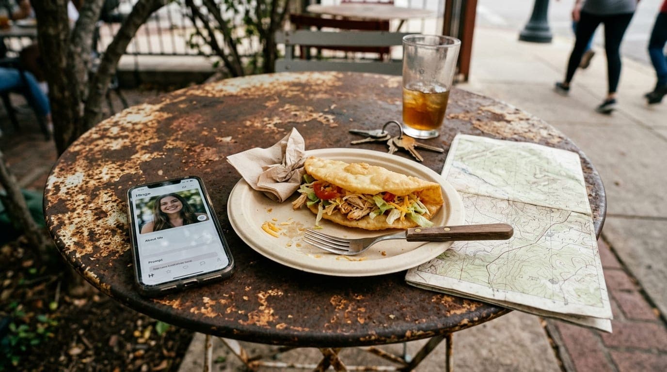 Overhead flat-lay on a rusted outdoor bistro table in Southtown. A smartphone displays a Hinge profile beside a paper plat...