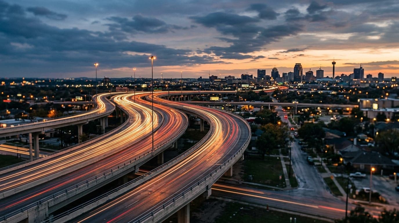 An 85mm portrait captures the San Antonio highway interchange at dusk. The blurred, glowing orange light trails of traffic...