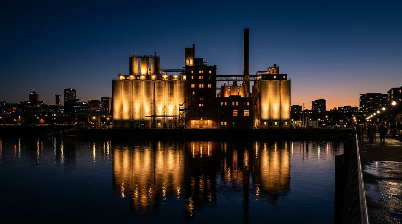 A 24mm wide-angle shot centered symmetrically on the illuminated industrial silhouette of the Pearl District’s brewery sil...