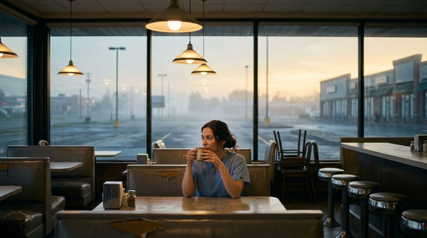 A nurse in light blue scrubs sits alone at a booth in a quiet 24-hour diner on Hospitality Lane, sipping coffee under warm...