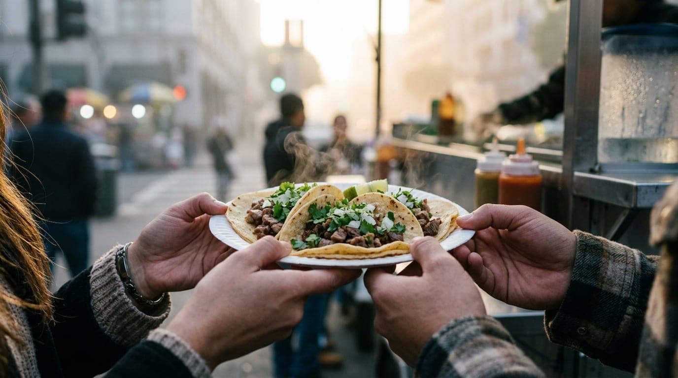 A close-up of two steaming corn tortillas piled with carne asada and cilantro on a paper plate, held between two sets of h...