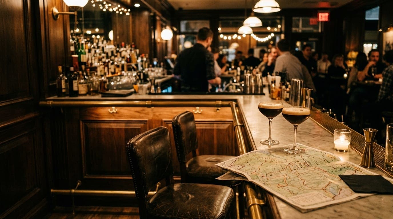 A polished cocktail bar at night, captured in warm tungsten light. Two leather barstools face a marble counter, where two...