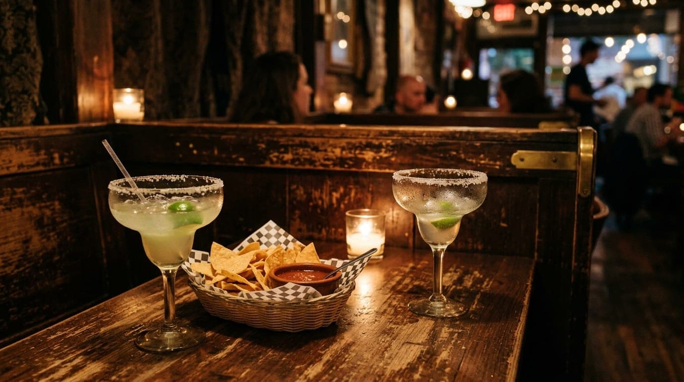 A medium shot of a rustic wooden booth at The Mexico Cafe, featuring two sweating, half-empty margarita glasses beside a s...