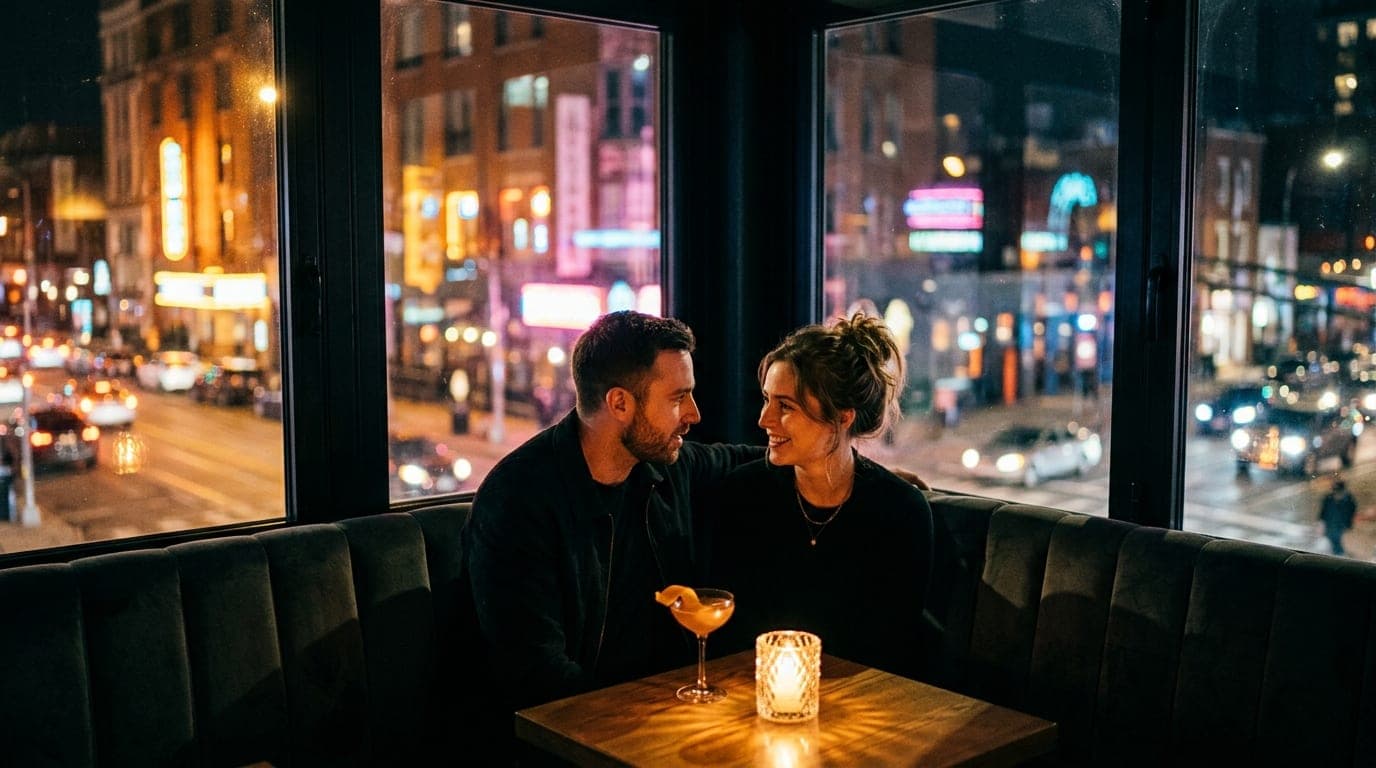 35mm documentary shot. A couple sits in a dark, velvet-backed booth at The Grey Room, illuminated by a single warm cocktai...