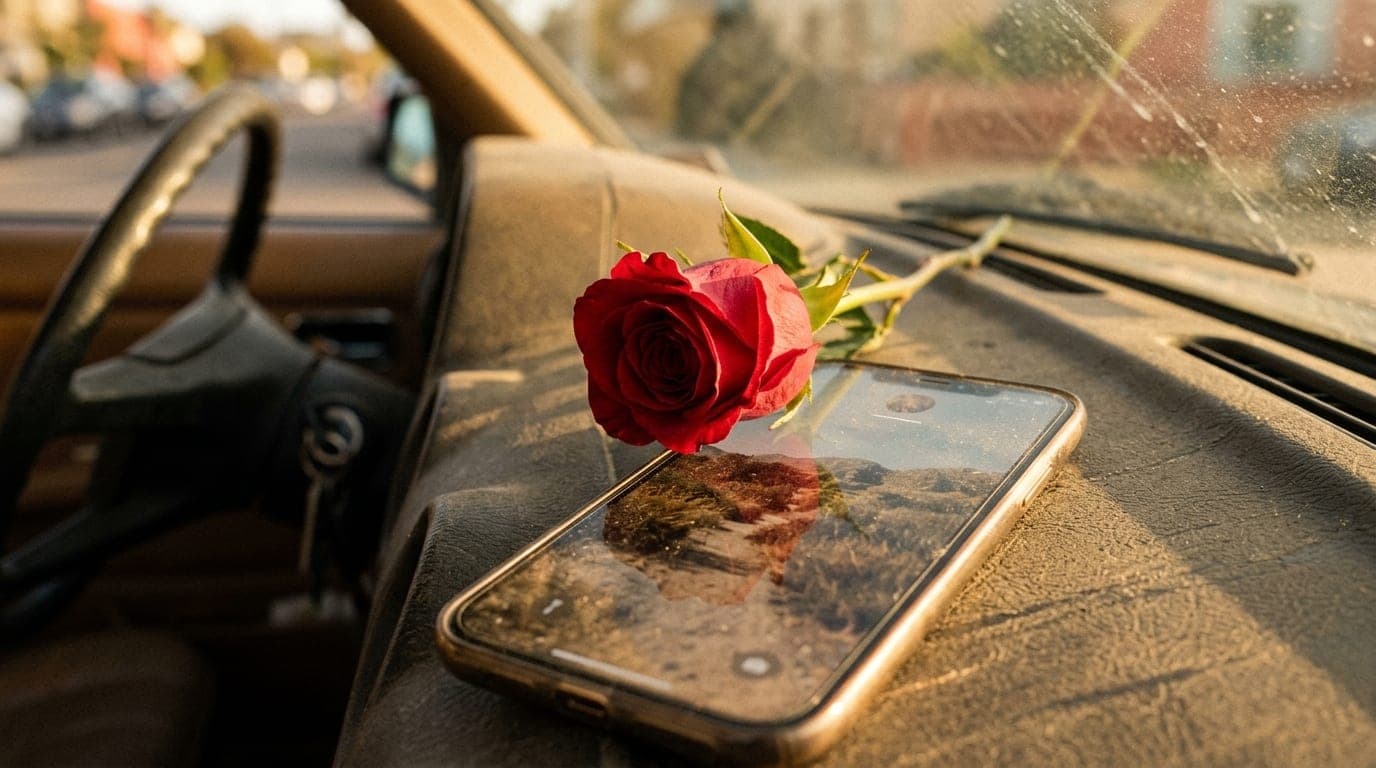 A 100mm macro shot captures a weathered, dust-streaked car dashboard at golden hour. A single crimson rose rests atop a sm...