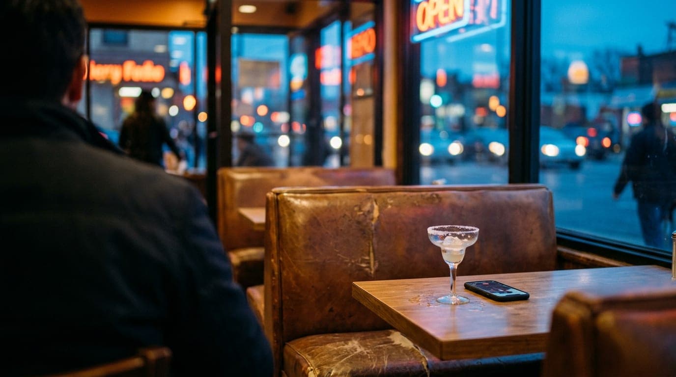 Blue hour, tilt-shift focus on a weathered leather booth at The Mexico Café. A half-finished margarita sits beside a phone...