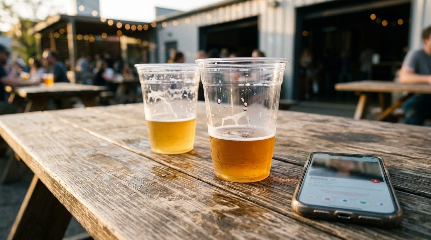 A 35mm documentary shot at golden hour captures two half-empty plastic beer cups on a weathered wood table at Wild Donkey...