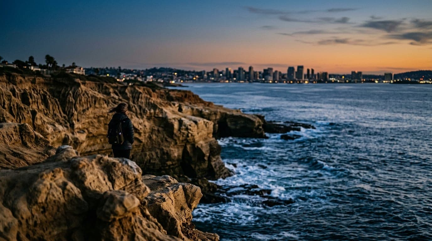 A high-contrast 85mm shot of the jagged sandstone bluffs at Sunset Cliffs during blue hour, focusing on the textured rock...