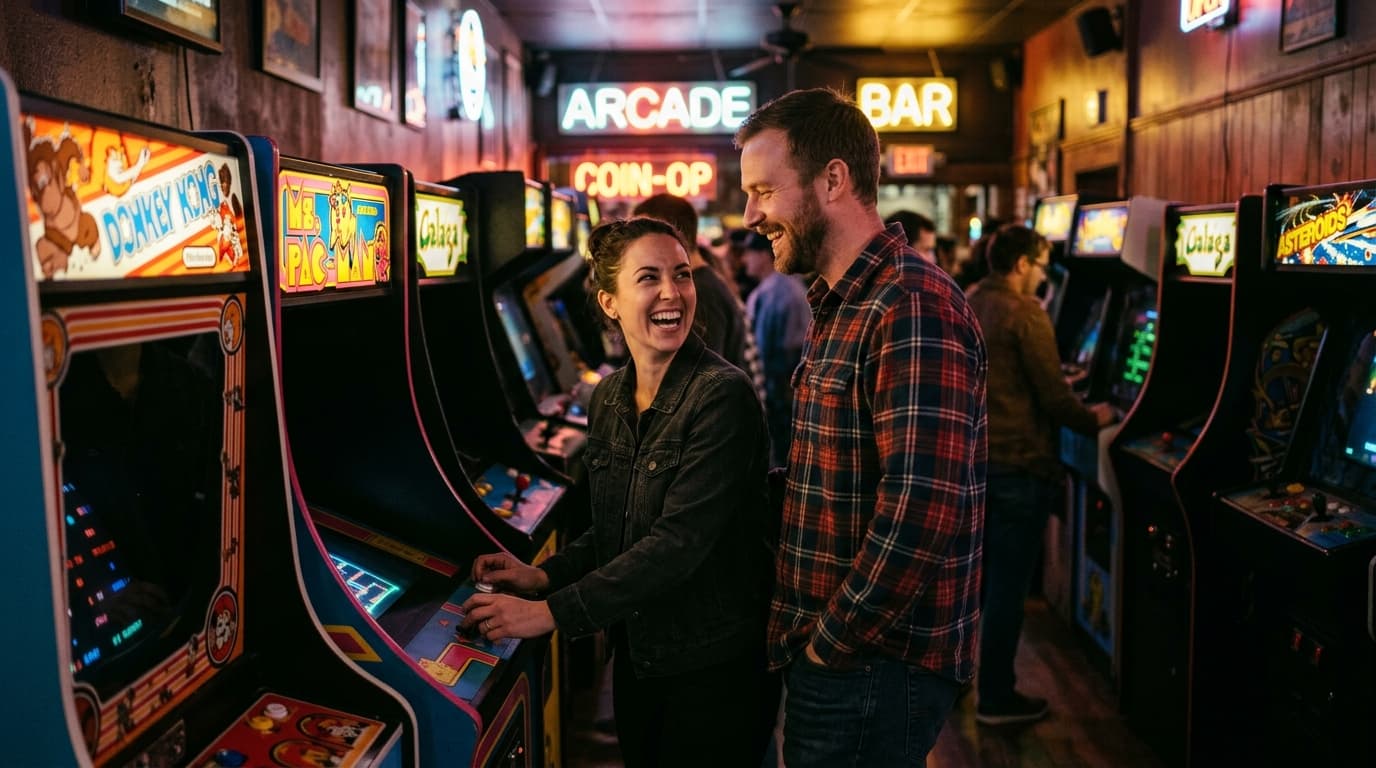 A couple laughs over retro arcade cabinets at Coin-Op, illuminated by the neon glow of a vintage game. A man in a flannel...