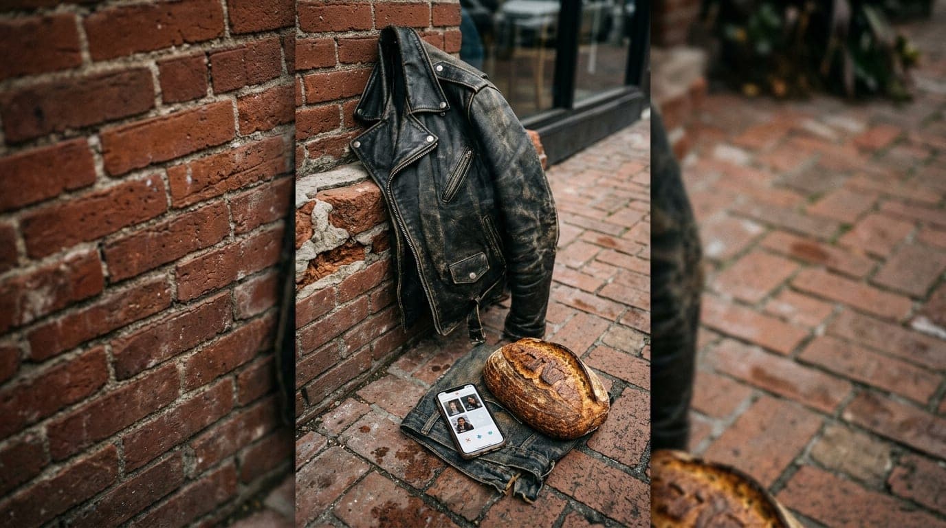 A leather biker jacket draped over a Mission District brick wall beside a sourdough loaf and a smartphone displaying an ac...