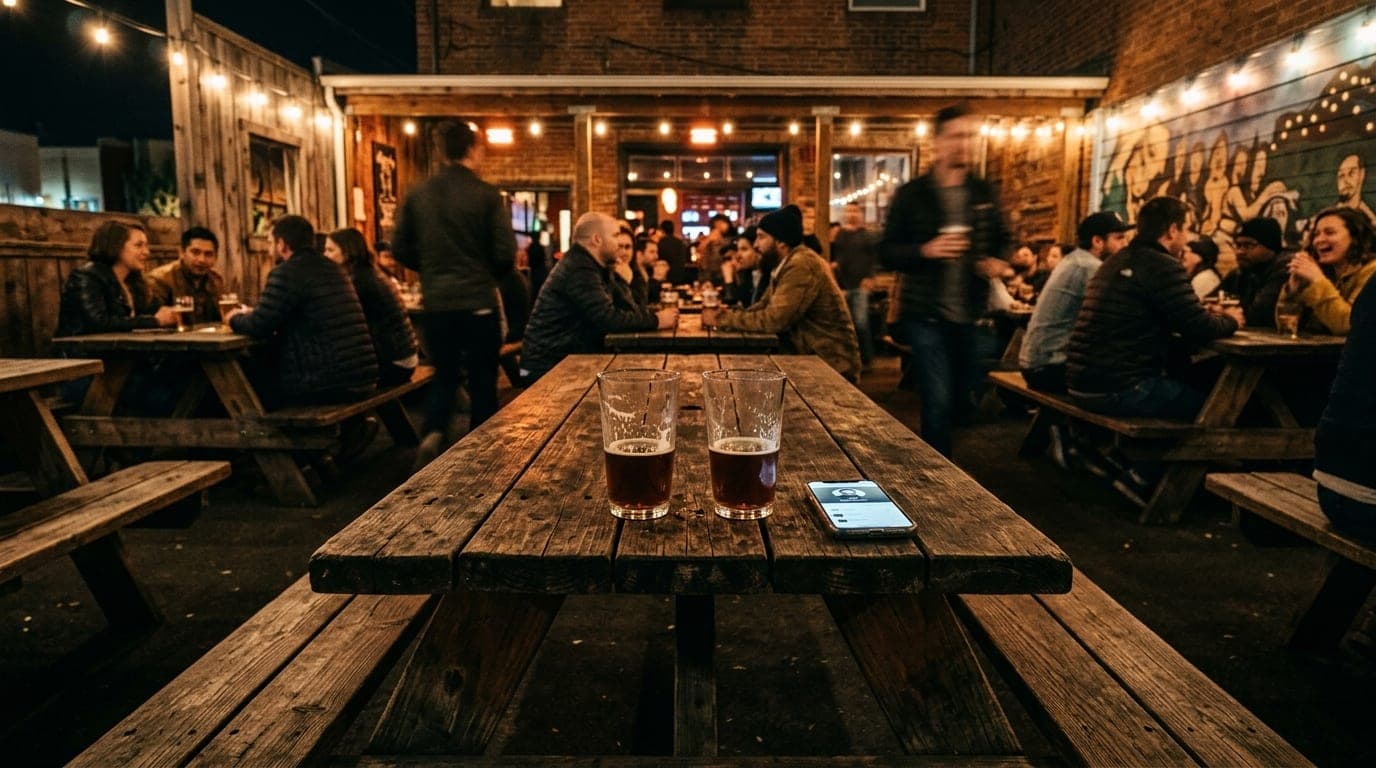 A wide 24mm shot centered on a weathered wooden picnic table at Zeitgeist’s patio at night. A pair of half-empty pint glas...