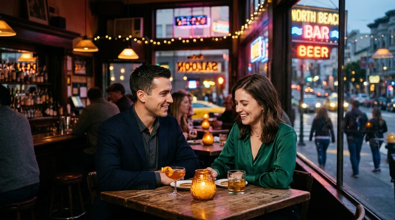 An 85mm portrait captures a couple at a dim corner table inside a moody North Beach saloon. Warm, golden lamplight glows o...