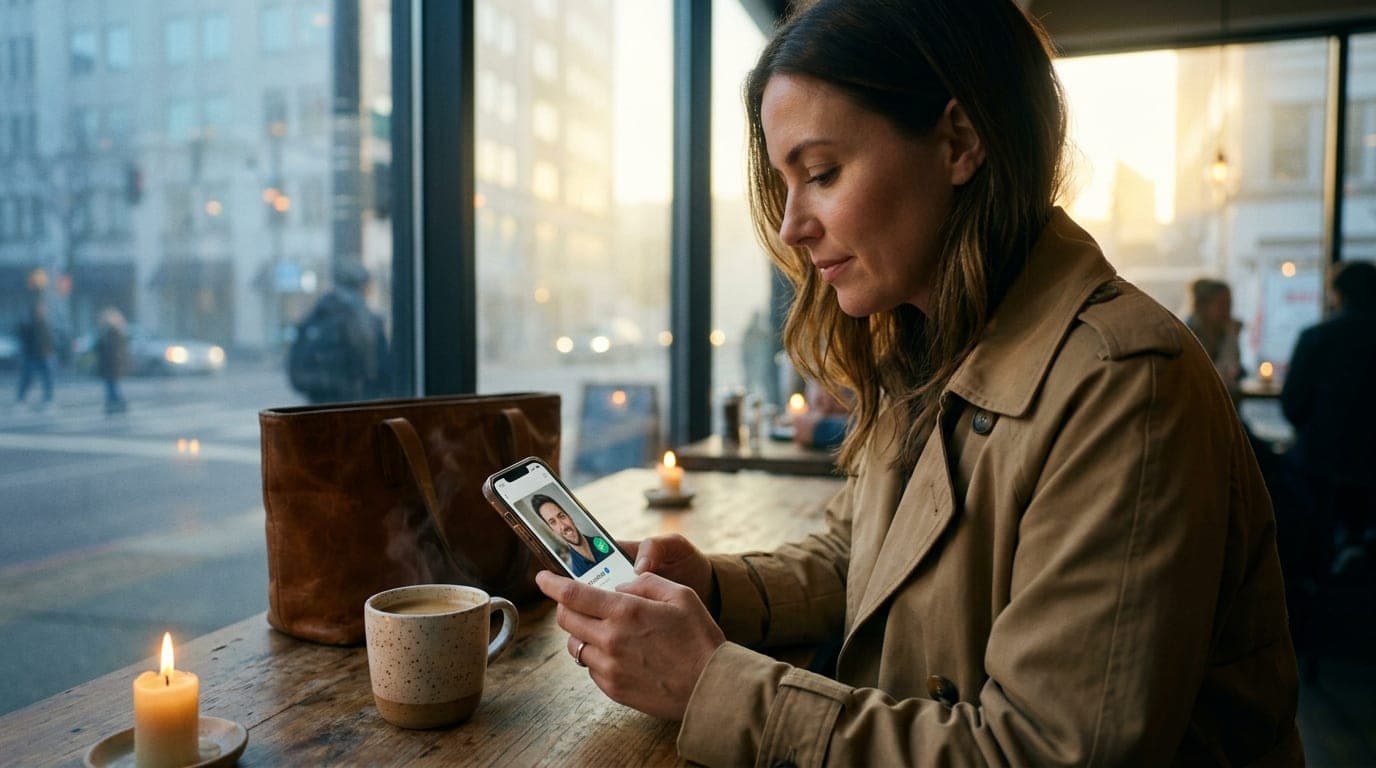 A woman in a casual tan trench coat sits in a sun-drenched downtown café, holding a smartphone displaying a verified datin...