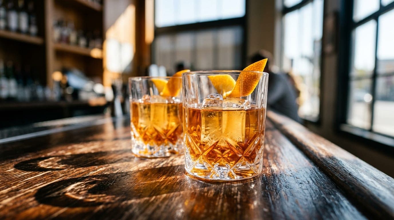 A close-up of two crystal rocks glasses filled with amber cocktail on a dark, polished wood bar at Paper Plane, noon sun c...