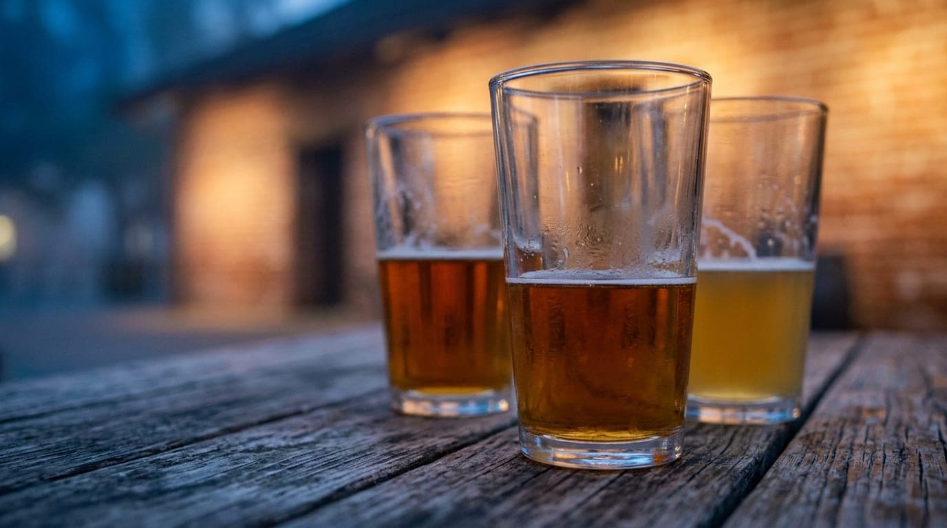 A low-angle, tight-cropped macro shot of two half-full craft beer glasses resting on a weathered wooden table at San Pedro...