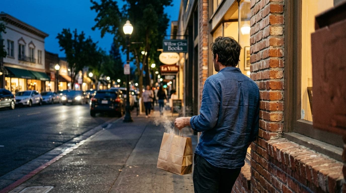 A man in a casual linen shirt leans against a brick storefront on Lincoln Avenue in Willow Glen. The blue hour sky illumin...