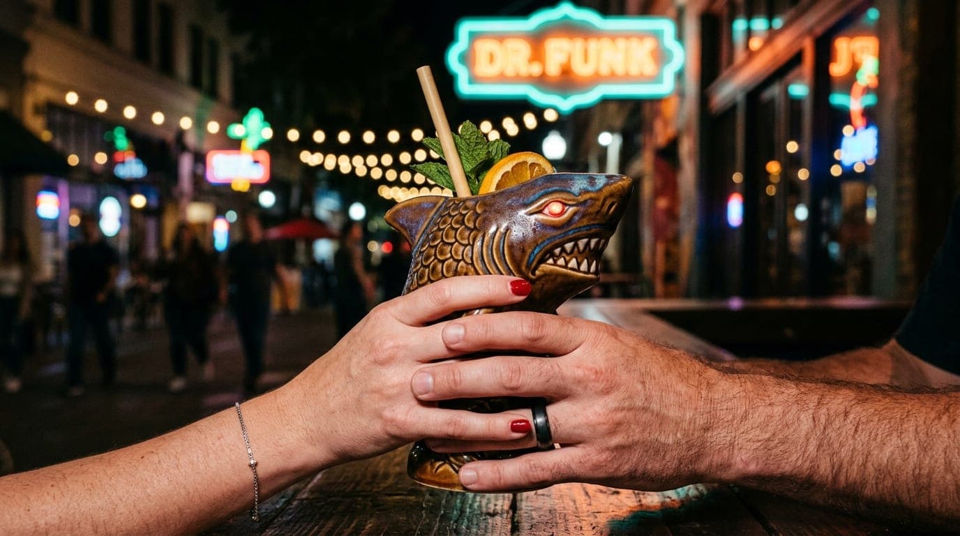 A low-angle shot of a couple’s hands holding a ceramic tiki shark mug at Dr. Funk, set against the blurred neon glow of Sa...