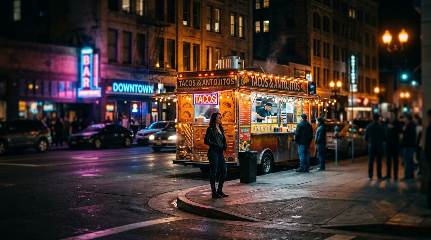 A wide establishing shot of a dimly lit downtown San Jose taco stand at night. A woman in a leather jacket stands near a g...