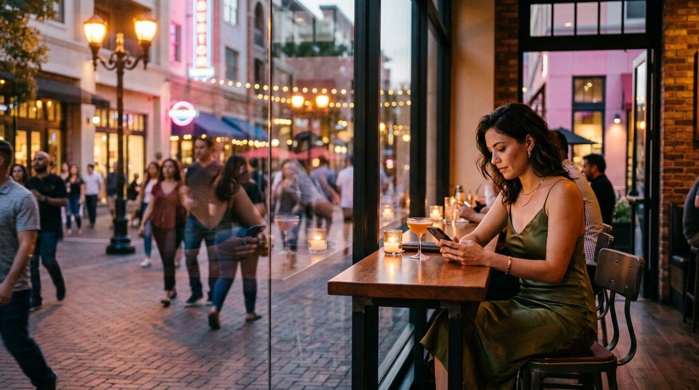 A woman in a silk slip dress sits at a bright Santana Row café bar, checking her smartphone while a reflection in the wind...