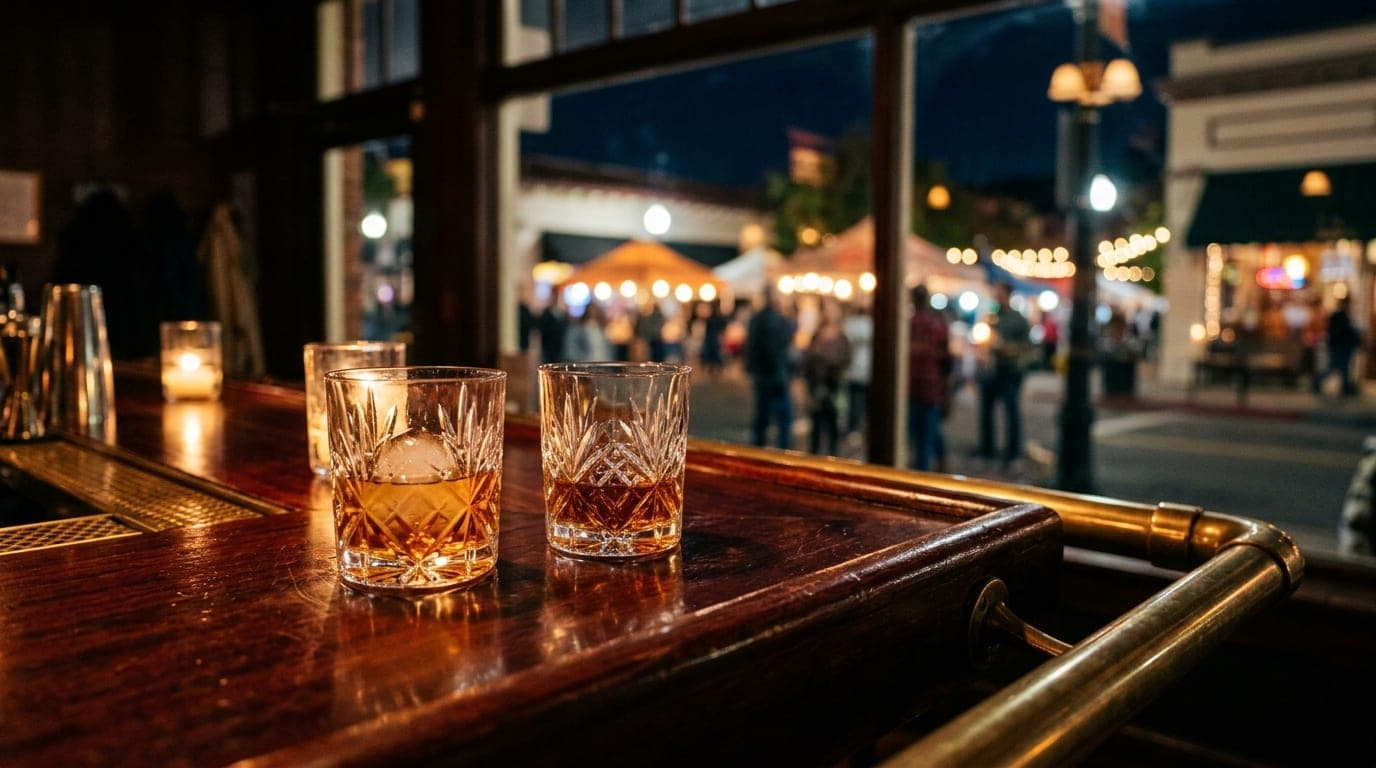 A low-angle shot captures two crystal whiskey tumblers resting on a polished mahogany bar top. In the shallow-depth backgr...