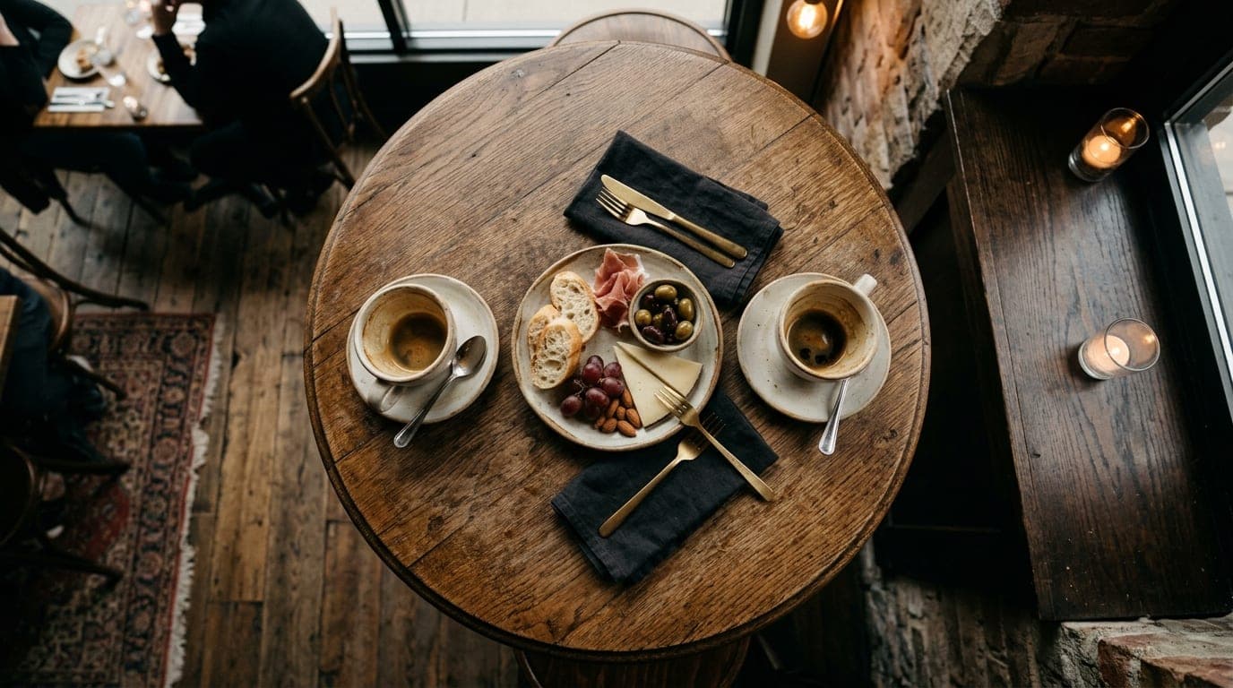 Overhead flat-lay, 24mm wide-angle shot of a rustic wooden bistro table in the Creamery District. Two half-empty espresso...