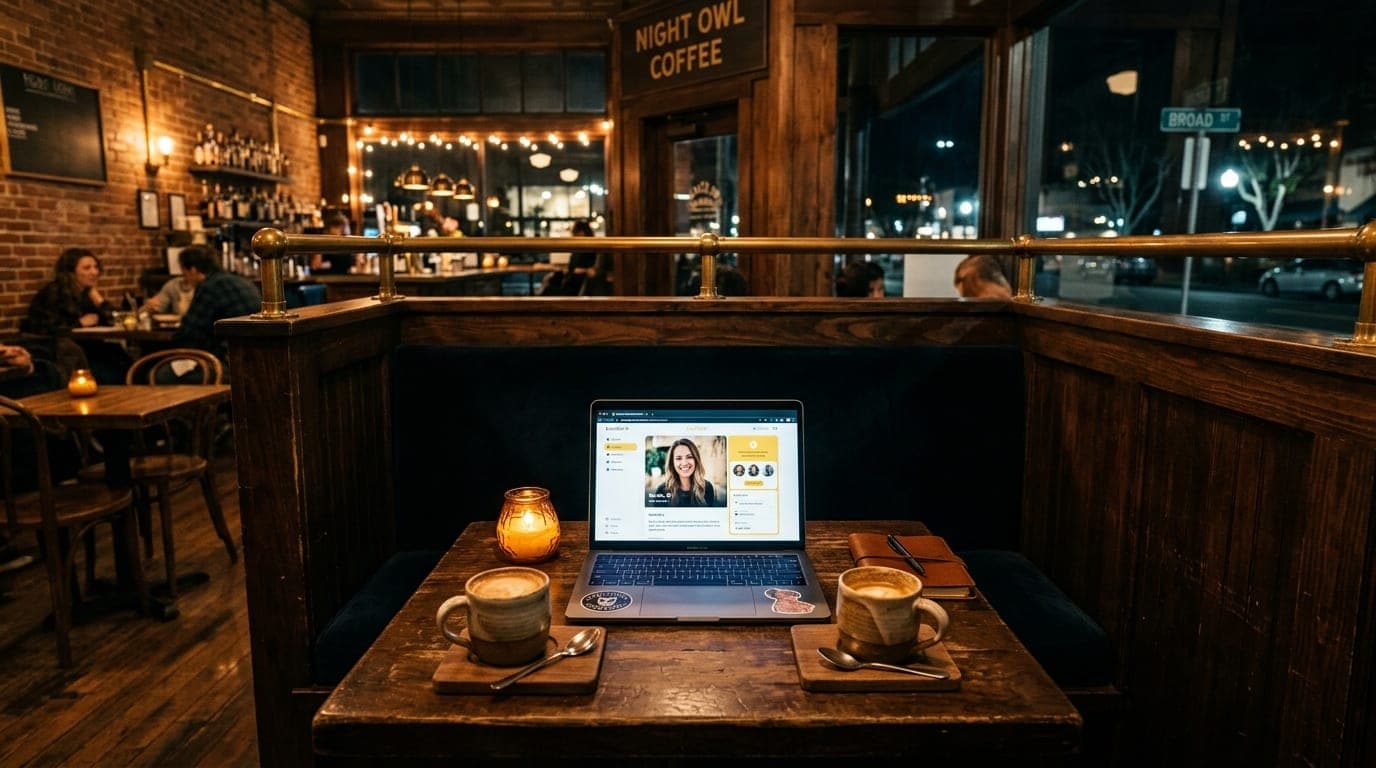 A wide, symmetrical shot of a candlelit booth at a cozy San Luis Obispo cafe. An open laptop showing a Bumble profile sits...