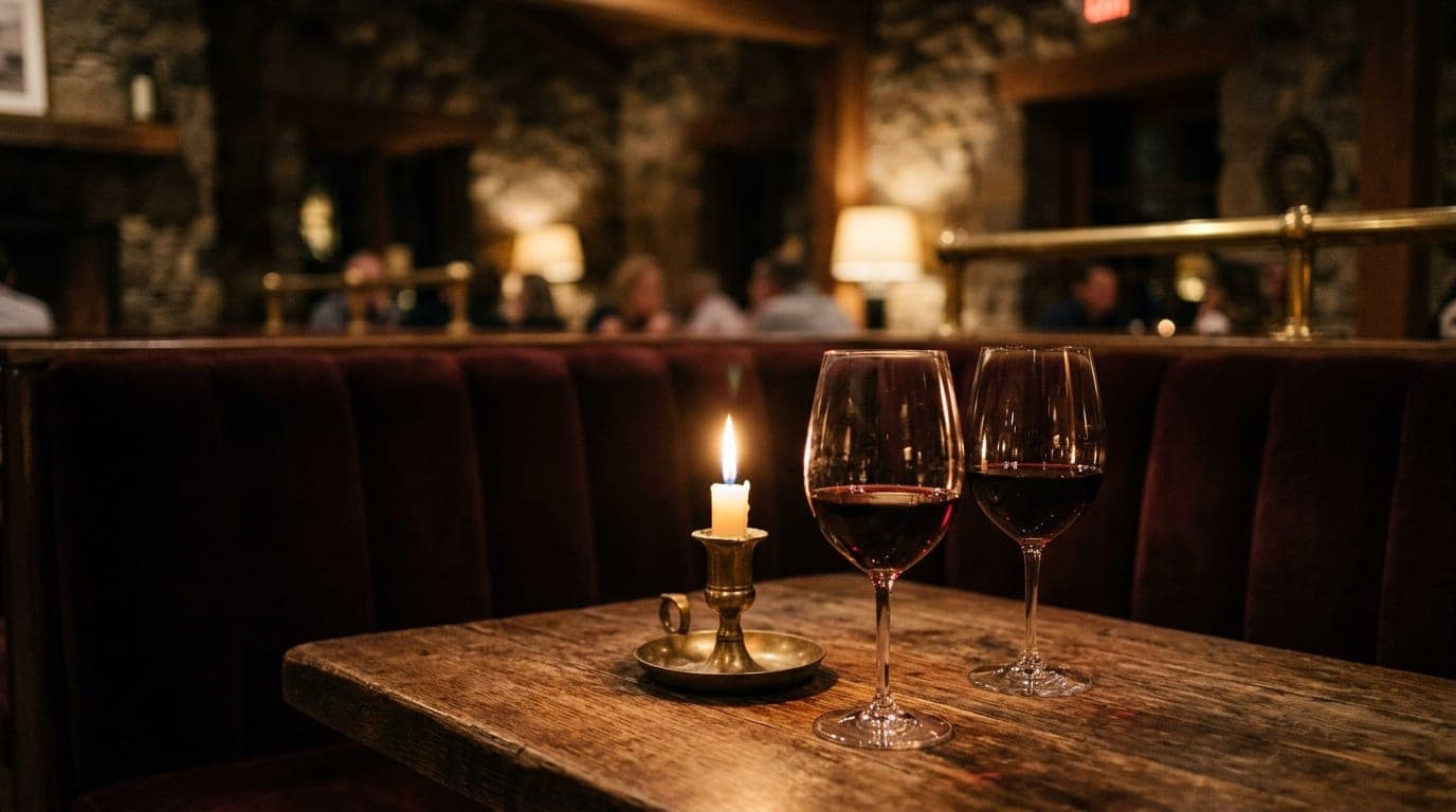 A medium shot captures a velvet booth at an Edna Valley winery, featuring two half-filled glasses of deep red wine resting...
