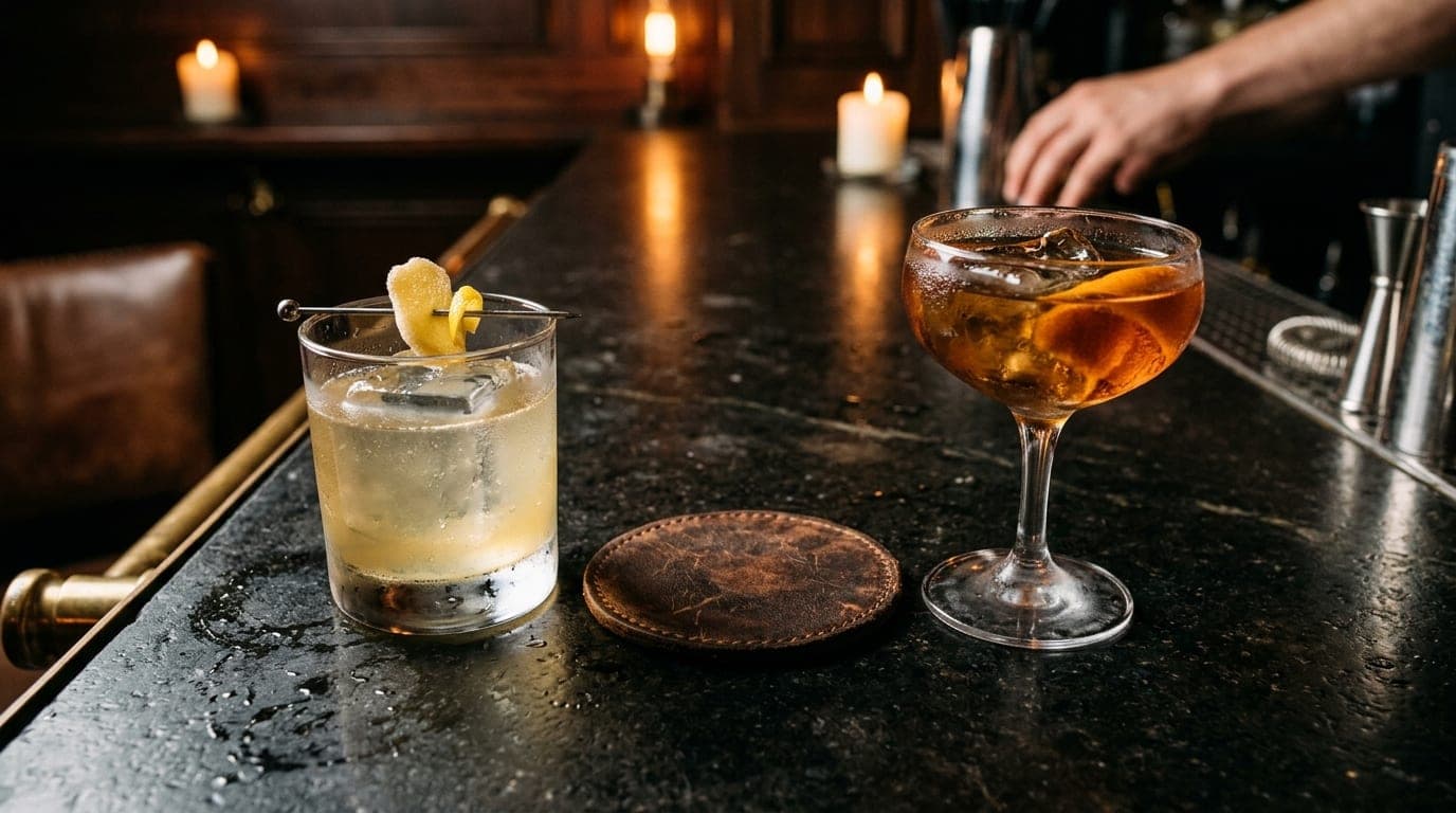 Overhead 100mm macro flat-lay in a dim cocktail lounge. Two artisanal drinks with condensation-streaked glassware flank a...