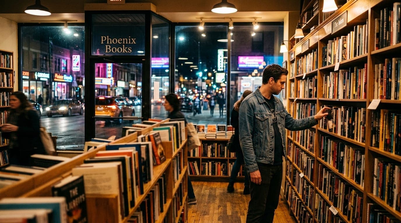 Wide 35mm establishing shot of a man in a vintage denim jacket browsing the shelves of Phoenix Books at night. He is offse...