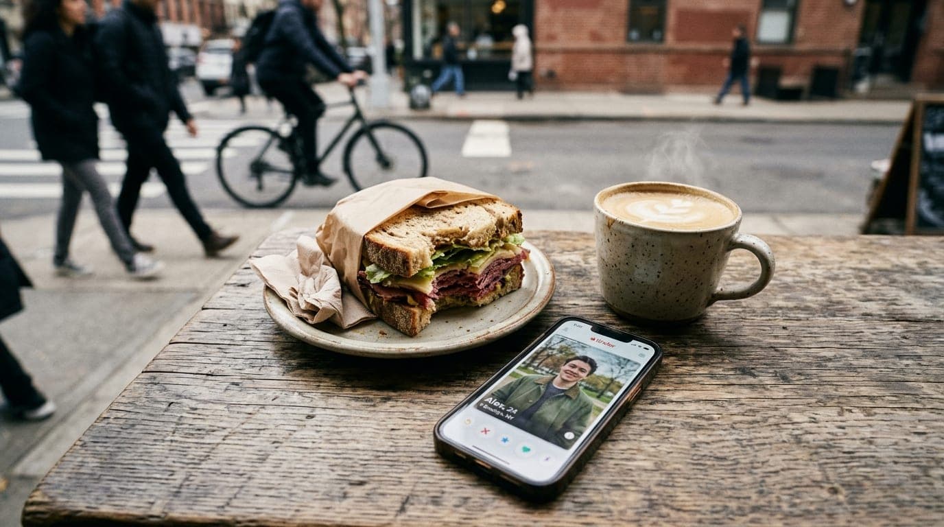 Overhead flat-lay on a weathered wooden cafe table. A half-eaten High St. Deli sandwich, a steaming oat milk latte, and a...