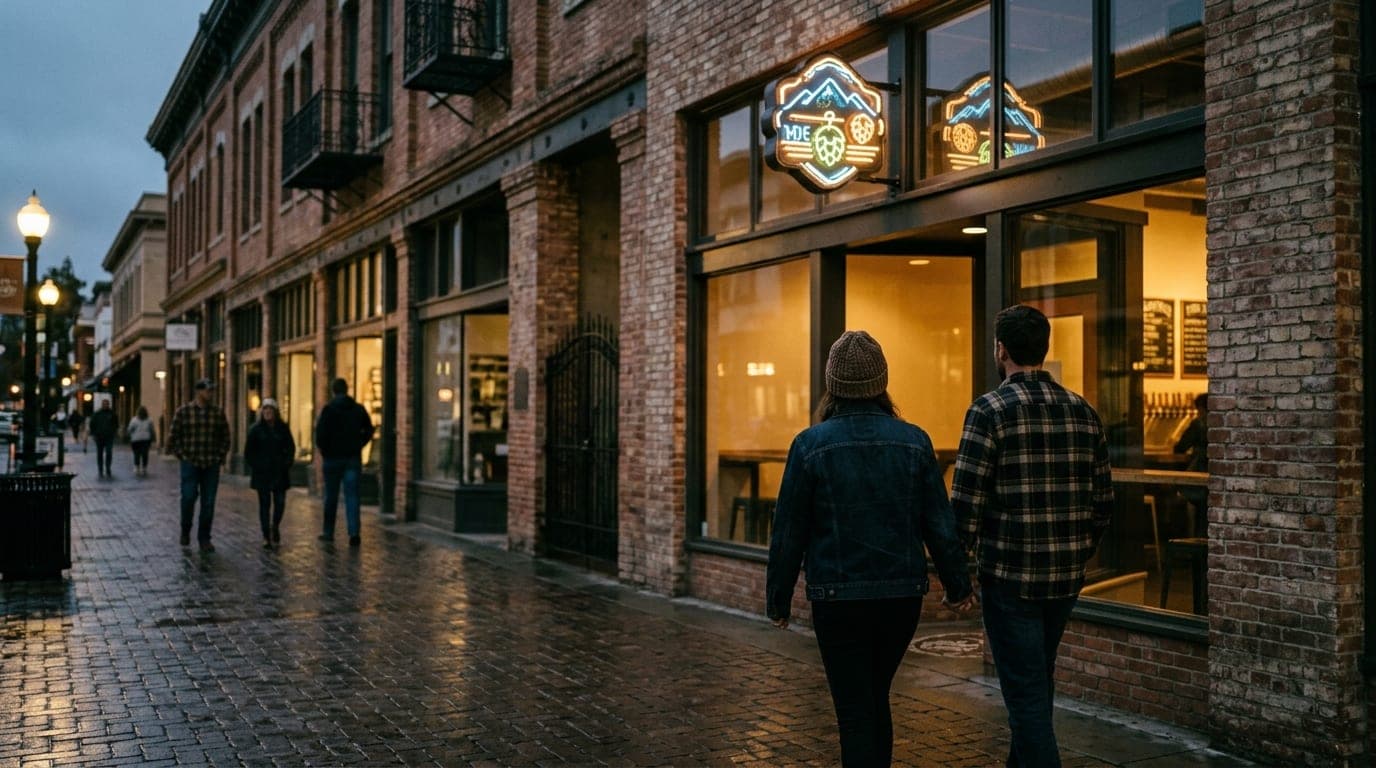 A wide 35mm shot on Higuera Street at night. A couple walks toward the glowing, warm neon sign of a craft brewery, offset...