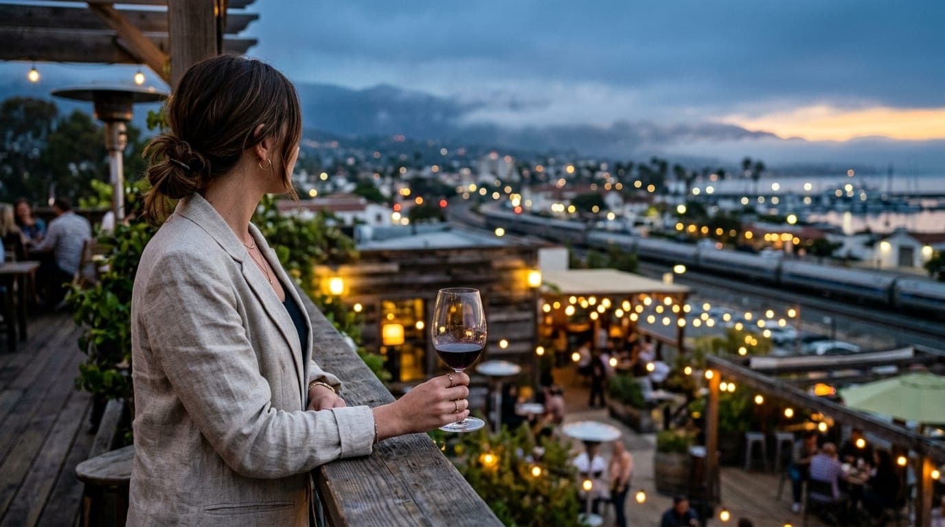 Over-the-shoulder, 85mm shot of a woman in a linen blazer holding a glass of wine at a Funk Zone tasting room, soft bokeh...