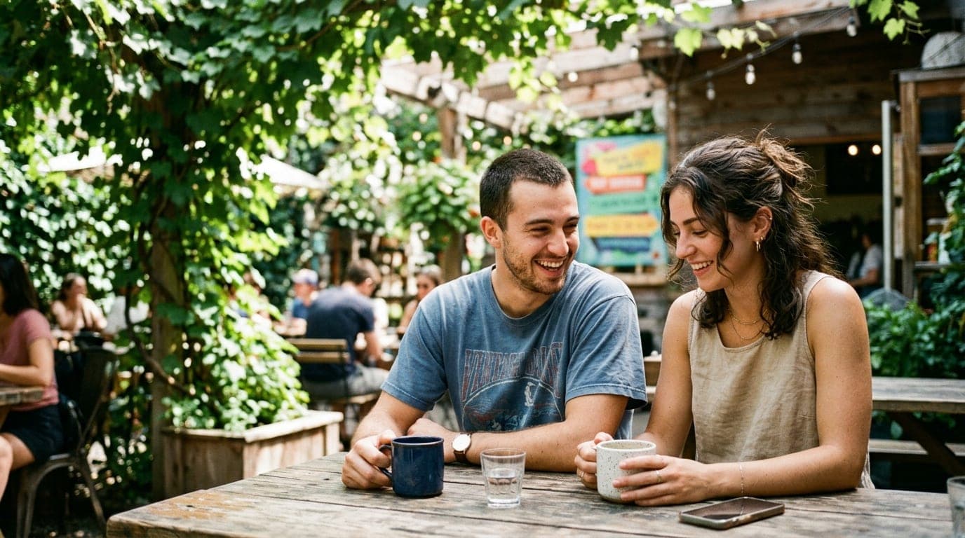A couple sits at a wooden table at Dart Coffee Garden, bathed in noon natural light filtering through vines. She wears a l...