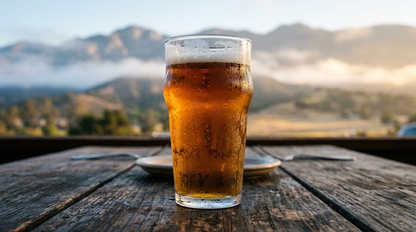 Extreme close-up macro of a cold pint of local craft beer on a worn wooden table at a brewery, golden hour light catching...