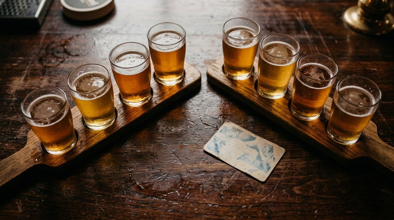 Tight 100mm macro shot of a polished wooden bar at a brewery. Two craft beer flights with half-poured amber ales sit besid...