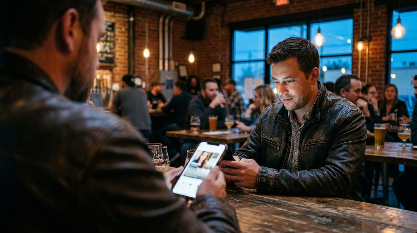 A man in a leather jacket sits at a high-top table in a dimly lit Newhall craft brewery. His smartphone screen illuminates...