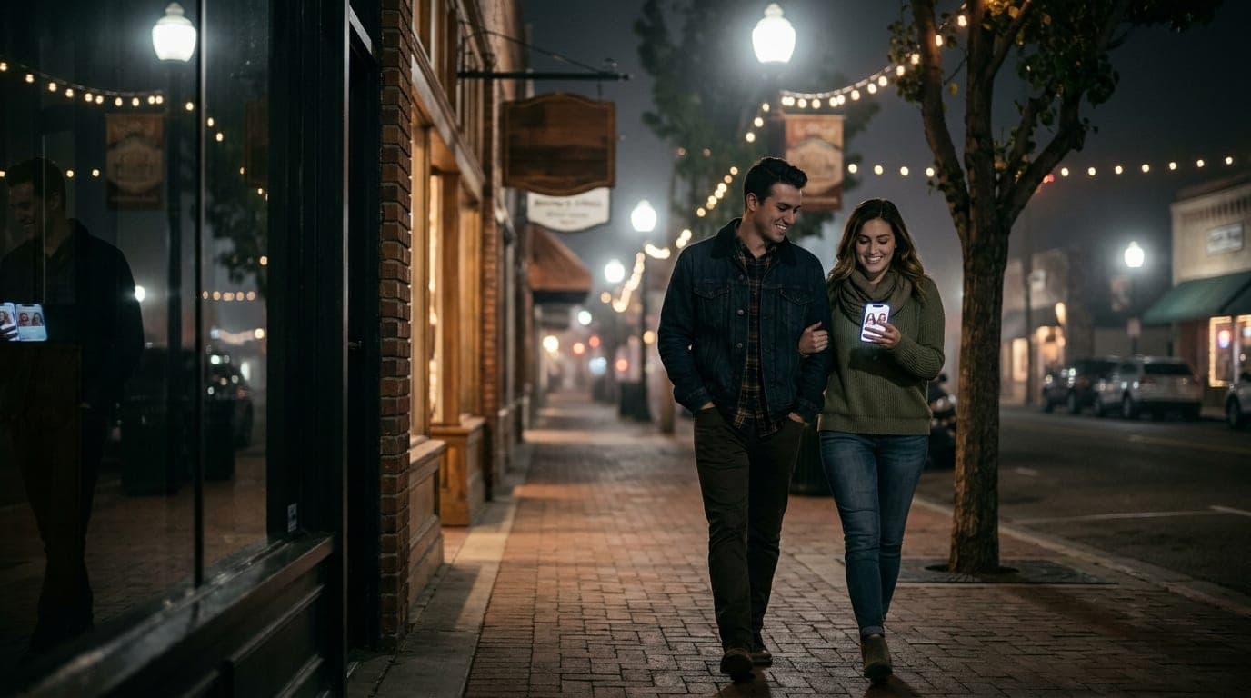 A couple in casual evening attire walks along the brick sidewalk of Main Street in Old Town Newhall at midnight. A glowing...